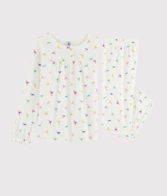 Kinderpyjama aus Rippstrick mit Vogelaufdruck für Mädchen weiss MARSHMALLOW/weiss MULTICO