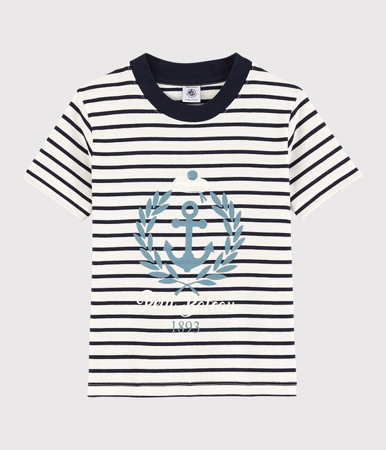 Kurzärmeliges Kinder-T-Shirt aus Jersey für Jungen weiss MARSHMALLOW/blau SMOKING