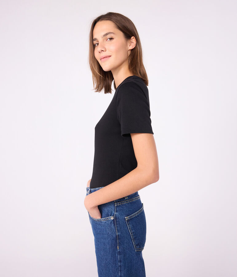 Kurz&auml;rmeliges Damen-T-Shirt L'ICONIQUE aus einfarbigem Rippstrick schwarz BLACK