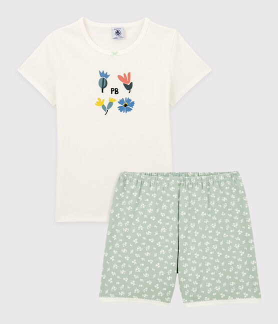 Kinder-Kurzpyjama aus Baumwolle mit Blumen für Mädchen weiss MARSHMALLOW/ HERBIER