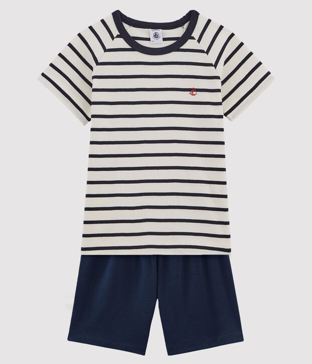 Kurzpyjama aus Rippstrick mit Matrosenmuster weiss/blau