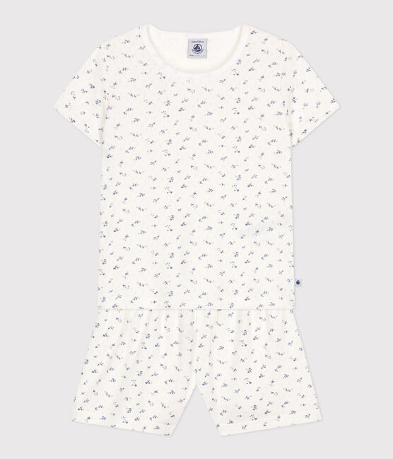 Kurzer Kinder-Pyjama aus Baumwolle mit Lochstickerei im Blumenmuster weiss MARSHMALLOW/weiss MULTICO