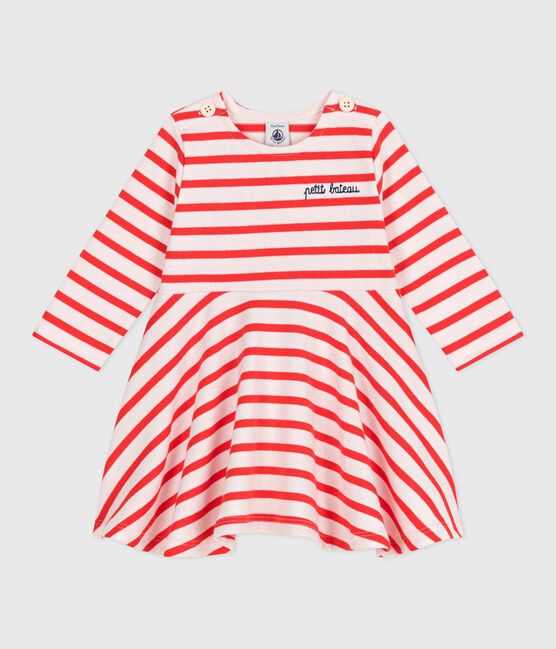 Langärmeliges Baby-Kleid aus festem Baumwollstoff mit Matrosenstreifen rosa FLEUR/ SPICY