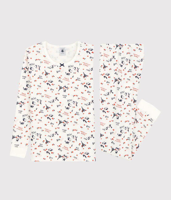 Snugfit-Kinderpyjama aus Bio-Baumwolle mit Paris-Print für Mädchen weiss MARSHMALLOW/weiss MULTICO
