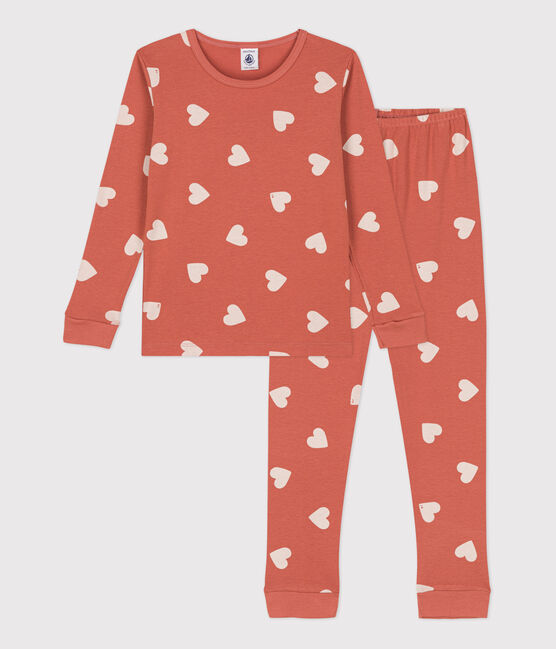 Kinderpyjama mit schlanker Passform aus Baumwolle mit Herzmuster für Mädchen rosa BRANDY/weiss MARSHMALLOW