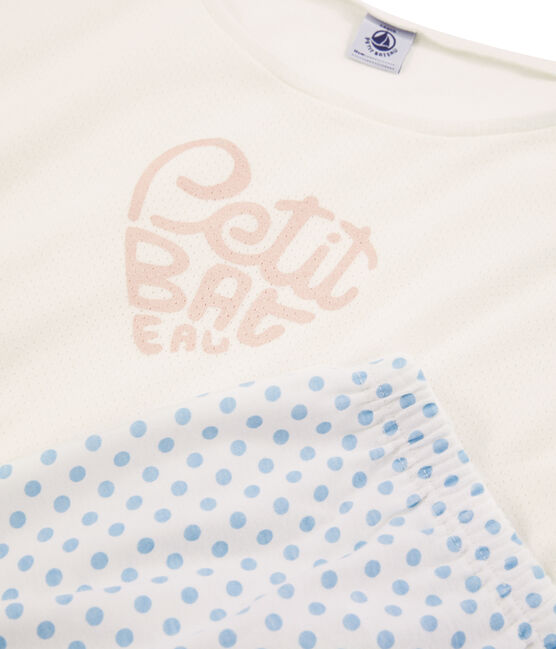 Rippstrick-Pyjama für Mädchen weiss MARSHMALLOW/blau JASMIN