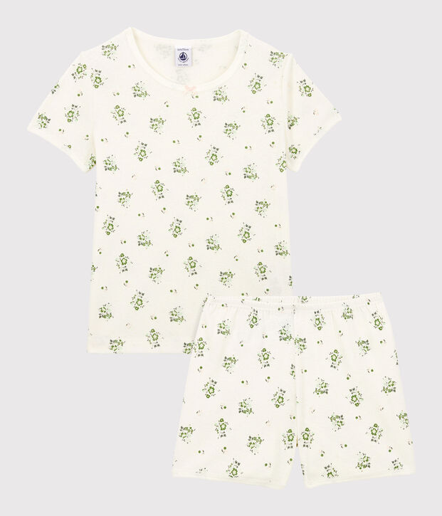Kinder-Kurzpyjama aus Baumwolle und Leinen f&uuml;r M&auml;dchen weiss/vielfarbig