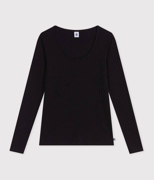 Damen-T-Shirt mit Ballerina-Ausschnitt aus einfarbiger Wolle und Baumwolle schwarz