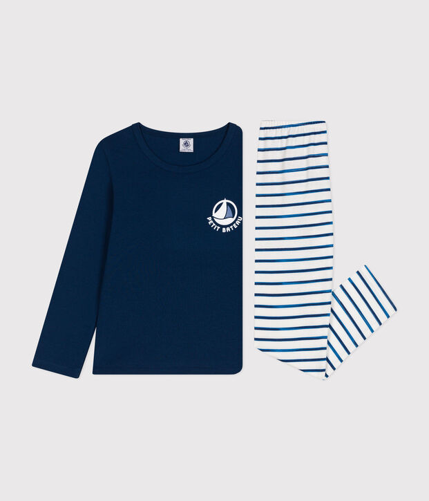 Lang&auml;rmeliger Pyjama f&uuml;r Kinder aus Baumwolle weiss/blau