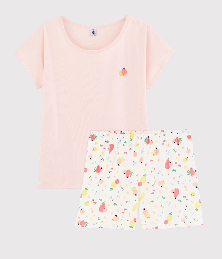 Kurzpyjama aus Bio-Baumwolle mit Obstmotiv f&uuml;r M&auml;dchen/Damen rosa FLEUR/weiss MULTICO