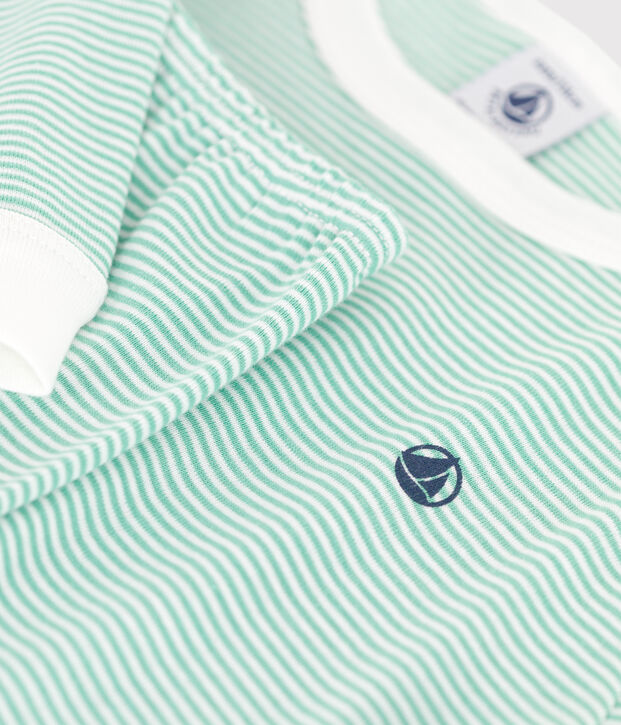 Kinder-Pyjama aus Baumwolle mit Streifen gr&uuml;n/weiss