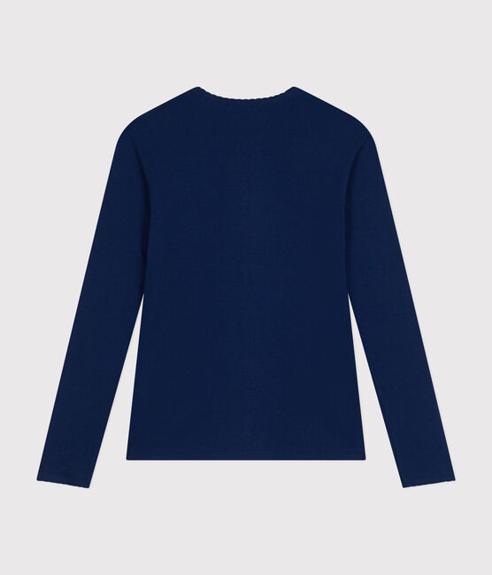 Langärmeliges Damen-T-Shirt "L'Iconique" mit Mäusezähnchenkante aus einfarbigem Rippstrick blau MEDIEVAL