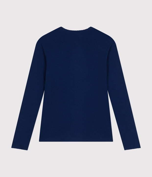 Lang&auml;rmeliges Damen-T-Shirt L'Iconique mit M&auml;usez&auml;hnchenkante aus einfarbigem Rippstrick blau