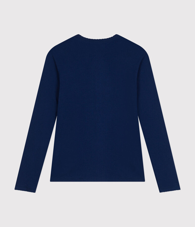 Lang&auml;rmeliges Damen-T-Shirt L'Iconique mit M&auml;usez&auml;hnchenkante aus einfarbigem Rippstrick blau