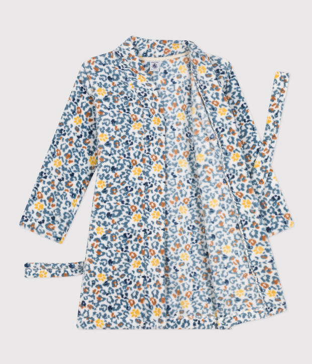 Morgenmantel aus Fleece weiss/blau/vielfarbig