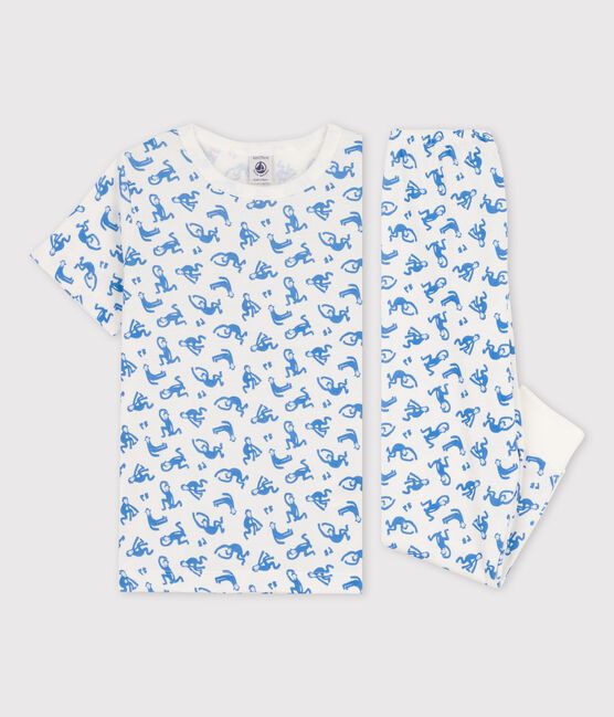 Kurzärmeliger Kinderpyjama aus Baumwolle mit Äffchen für Jungen weiss MARSHMALLOW/blau BRASIER