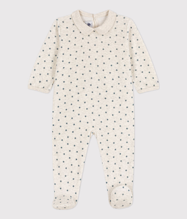 Baby-Strampler aus Nicki mit Sternenmuster beige/grau