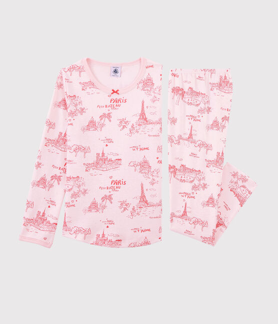 Kinder-Kurzpyjama aus Baumwolle mit Paris-Motiv im Toile-de-Jouy-Stil für Mädchen rosa FLEUR/rosa GROSEILLER