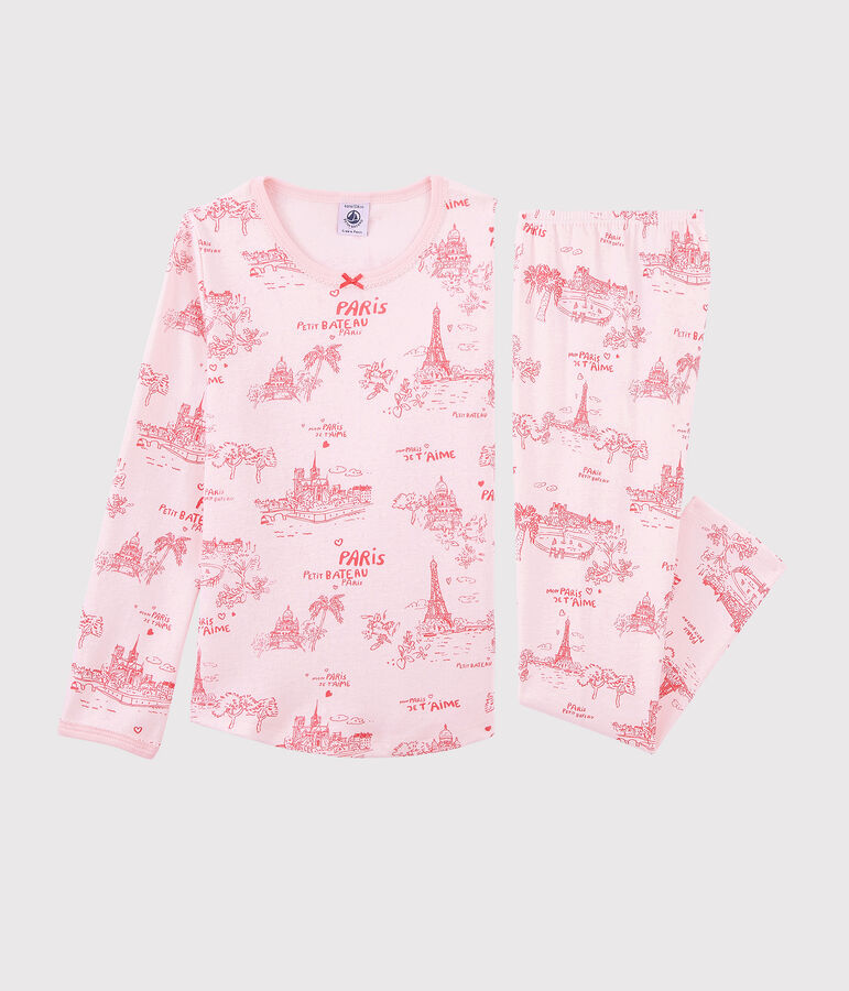 Kinder-Kurzpyjama aus Baumwolle mit Paris-Motiv im Toile-de-Jouy-Stil f&uuml;r M&auml;dchen rosa/rosa