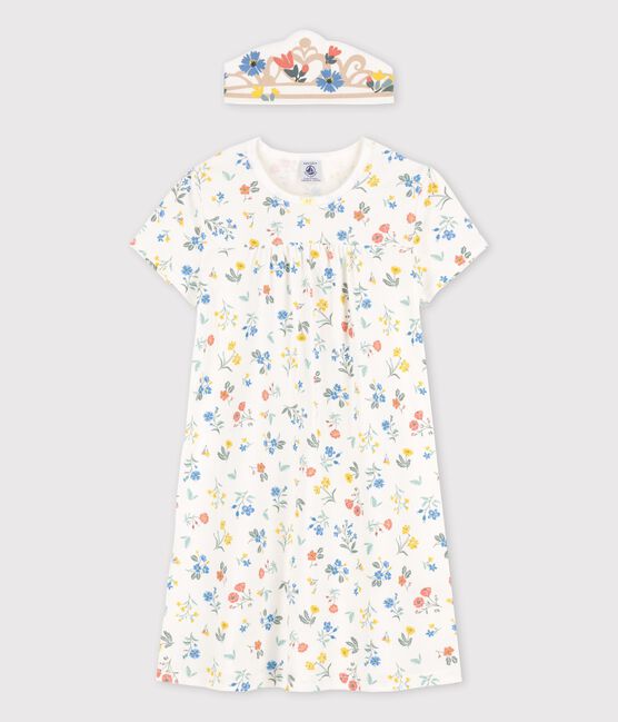 Kurzärmeliges Mädchen-Nachthemd aus Baumwolle mit Blumenmotiven weiss MARSHMALLOW/weiss MULTICO