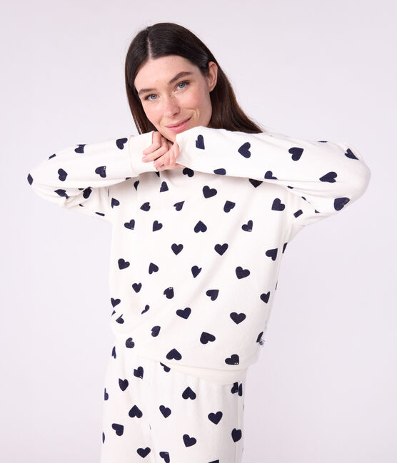 Damen-Pyjama aus Baumwoll-Frottee mit Herzmotiv blau MILK/ SOIR