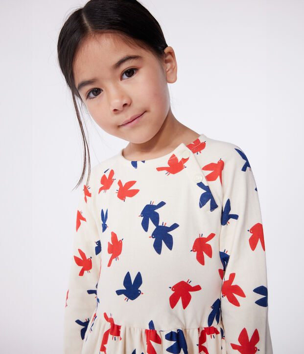 Lang&auml;rmeliges Kinder-Kleid aus bedruckter Baumwolle naturfarben/vielfarbig
