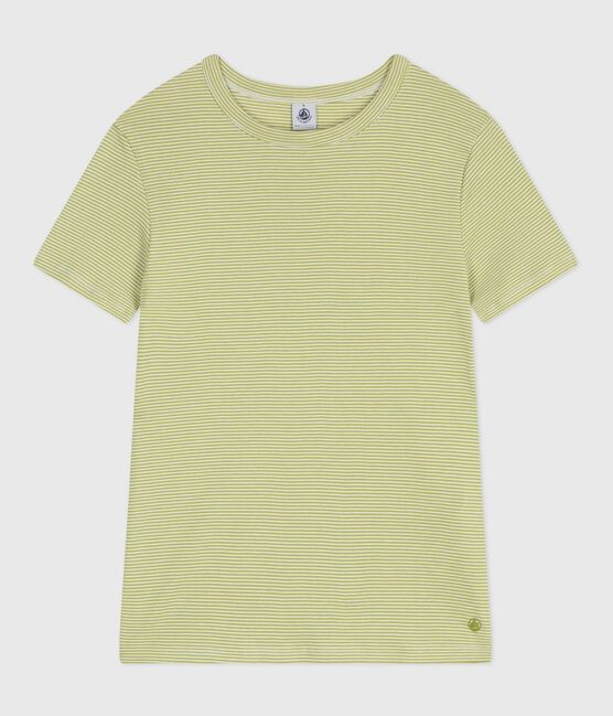 Kurzärmeliges Damen T-Shirt aus Baumwolle mit Streifen grün MOSS/ MARSHMALLOW
