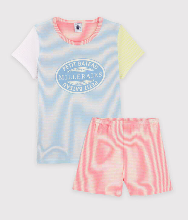 Kinder-Kurzpyjama aus Baumwolle mit bunten Milleraies-Streifen f&uuml;r M&auml;dchen blau/vielfarbig