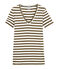 Gestreiftes Damen-T-Shirt mit V-Ausschnitt aus Original-Rippstrick braun SHITAKE/weiss MARSHMALLOW