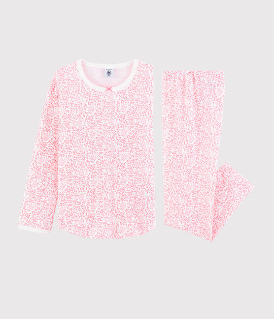 Rosa Pyjama aus Rippstrick mit Blumen, für kleine Mädchen. weiss MARSHMALLOW/rosa GRETEL