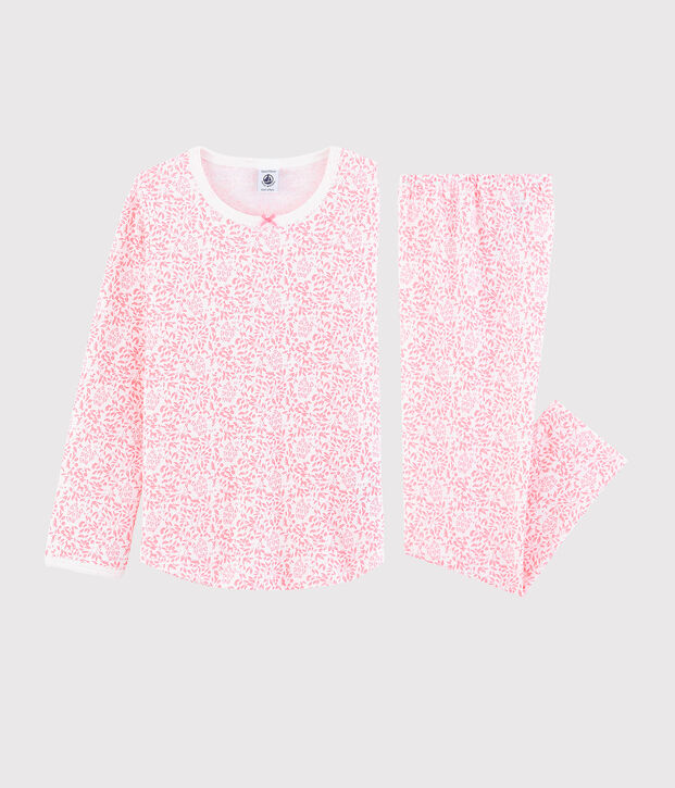 Rosa Pyjama aus Rippstrick mit Blumen, f&uuml;r kleine M&auml;dchen. weiss/rosa