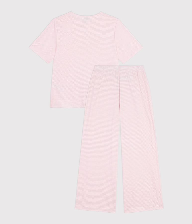 Damen-Pyjama aus Baumwolle mit weiten Beinen und Streifen rosa/weiss