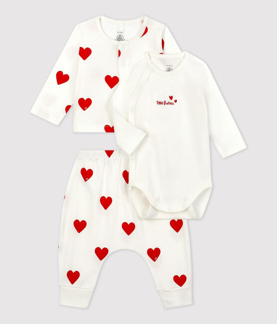Dreiteiliges Baby-Set aus Bio-Baumwolle mit rotem Herzmuster weiss MARSHMALLOW/rot TERKUIT