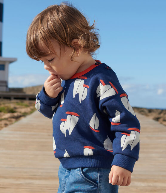 Baby-Sweatshirt aus Baumwolle mit großem Schiffmotiv blau MEDIEVAL/weiss MULTICO