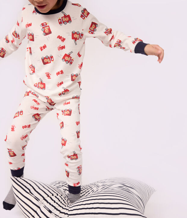 Kinder-Pyjama zum Verkleiden mit Feuerwehrmotiv aus Baumwolle weiss/vielfarbig