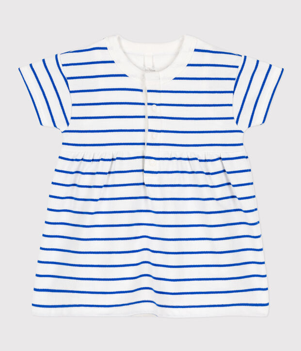 Babykleid aus Molton mit integriertem Body weiss/blau