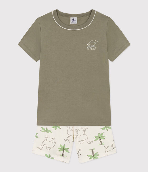 Kinder-Kurzpyjama aus Baumwolle mit Dromedaren f&uuml;r Jungen gr&uuml;n/weiss