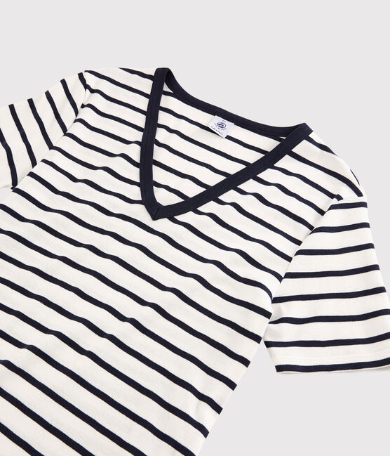 Klassisches Damen-T-Shirt mit V-Ausschnitt aus gestreifter Baumwolle weiss MARSHMALLOW/blau SMOKING