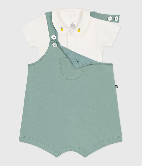 Newborn-Set Latzhose und bestickter Strampler aus einfarbiger Baumwolle grün PAUL