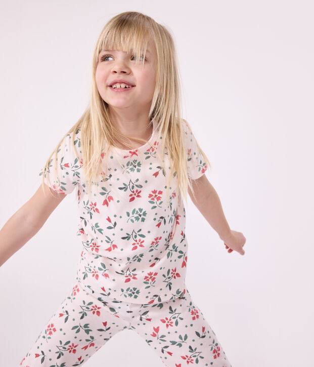 Kinder Capri-Pyjama aus Baumwolle mit Blumenmuster rosa/vielfarbig