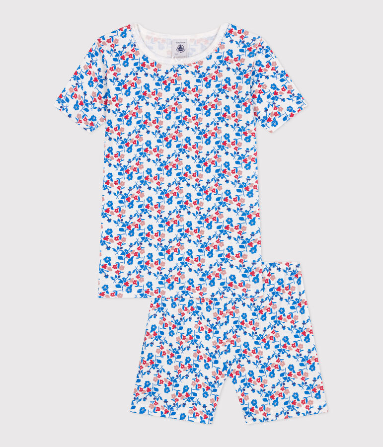 Eng anliegender Kinder-Kurzpyjama aus Baumwolle mit Blumenmuster weiss/vielfarbig