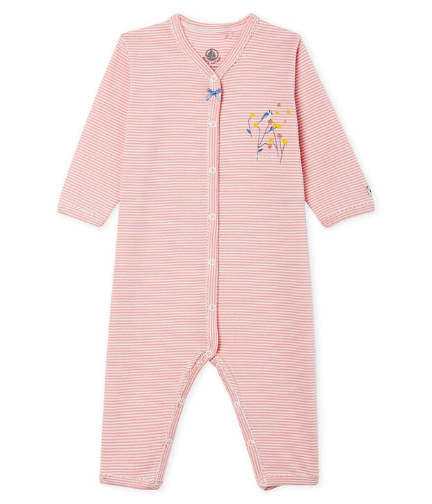 Baby-Strampler ohne Fu&szlig; aus Rippstrick f&uuml;r M&auml;dchen rosa/weiss