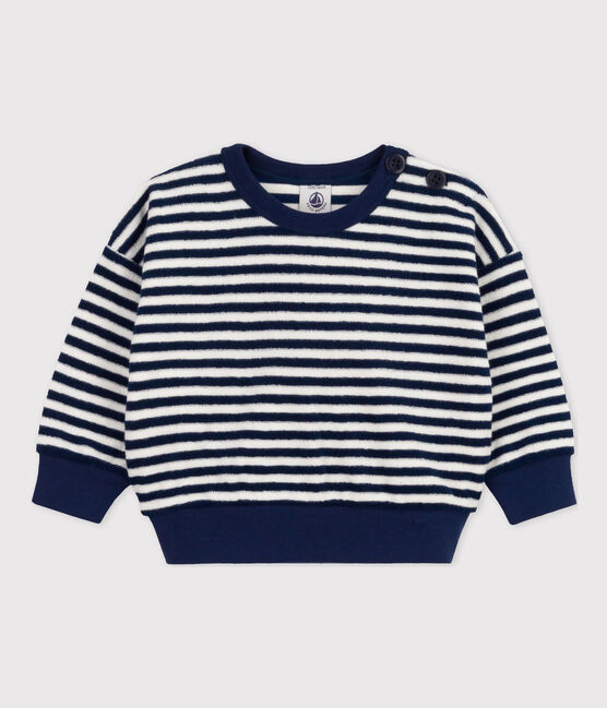 Baby-Sweatshirt aus gestreiftem Frottee blau MEDIEVAL/weiss MARSHMALLOW