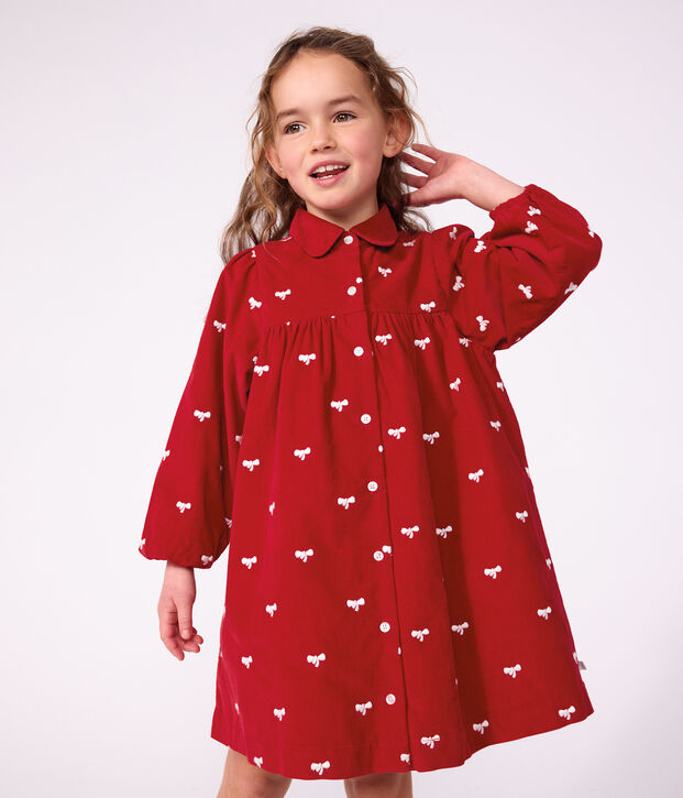 Lang&auml;rmeliges Kinder-Kleid aus Feincord mit Schleifenmotiv rot/naturfarben