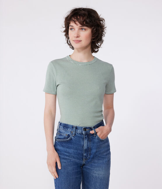 Damen-T-Shirt L'Iconique aus Baumwolle mit Streifen PALMERAIE/ MARSHMALLOW