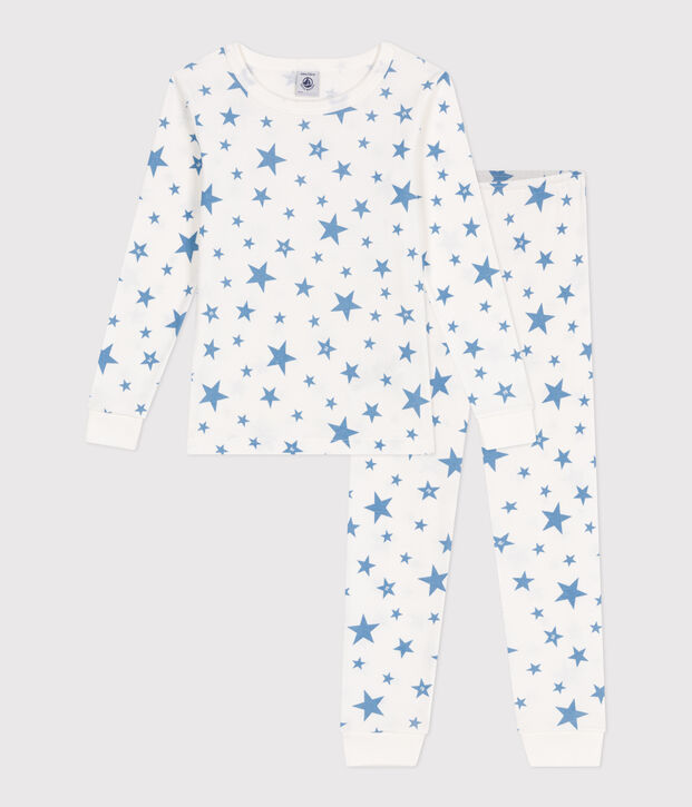 Sehr taillierter Kinderpyjama aus bedruckter Baumwolle weiss/blau