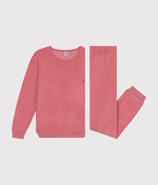 Damen-Pyjama aus aufgerautem einfarbigen Frottee rosa ROSEWOOD