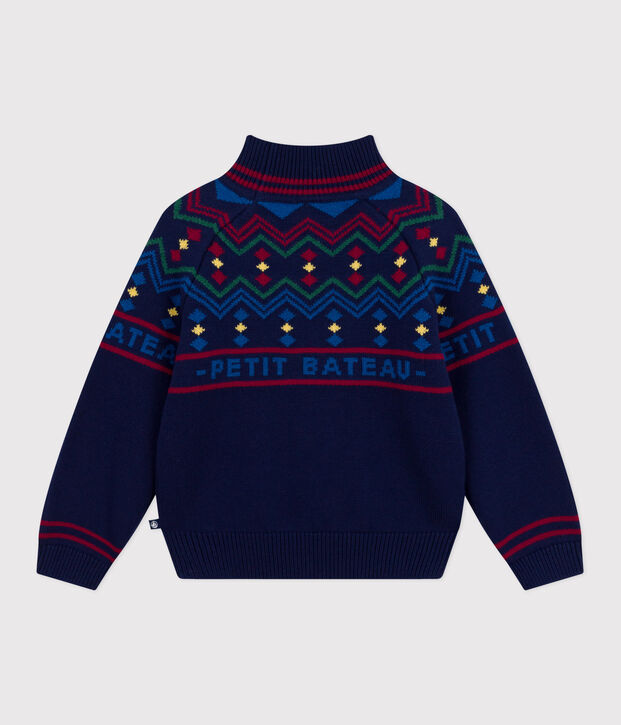 Kinder-Pullover mit Stehkragen aus Wolle und Baumwolle mit Muster blau/vielfarbig
