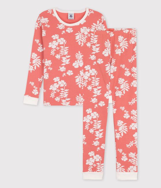 Kinderpyjama aus Baumwolle in schmaler Passform mit Hawaiimuster für Mädchen rosa PAPAYE/ MARSHMALLOW