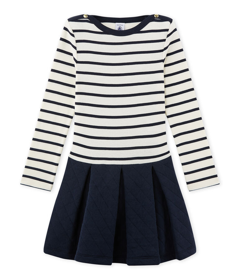 M&auml;dchen-Kleid im Materialmix weiss/blau